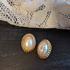 Vintage Monet faux domed oval pearl clip earrings gold tone